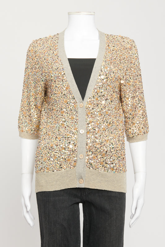 Taupe Merino Wool Preowned Sequin Embellished Cardigan