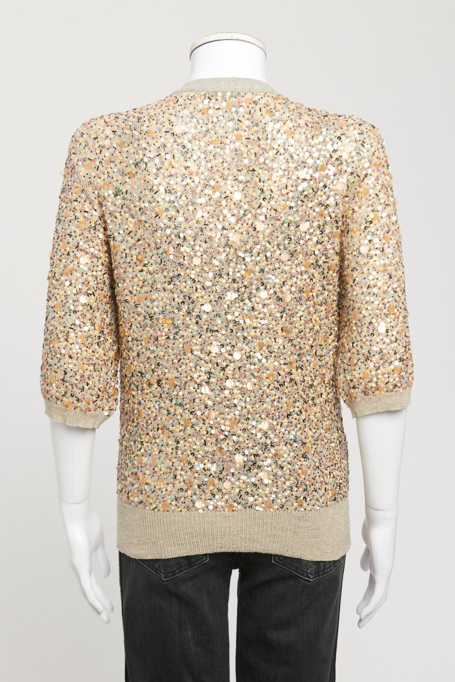 Taupe Merino Wool Preowned Sequin Embellished Cardigan