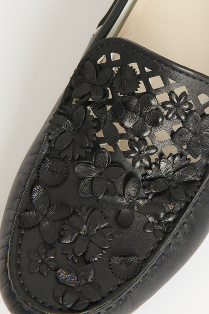 Black Leather Preowned Floral Appliqué Driving Loafers