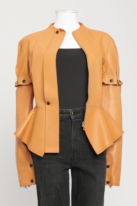 2017 Tan Leather Preowned Peplum Jacket