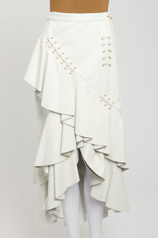 White Leather Preowned Asymmetric Wrap Skirt