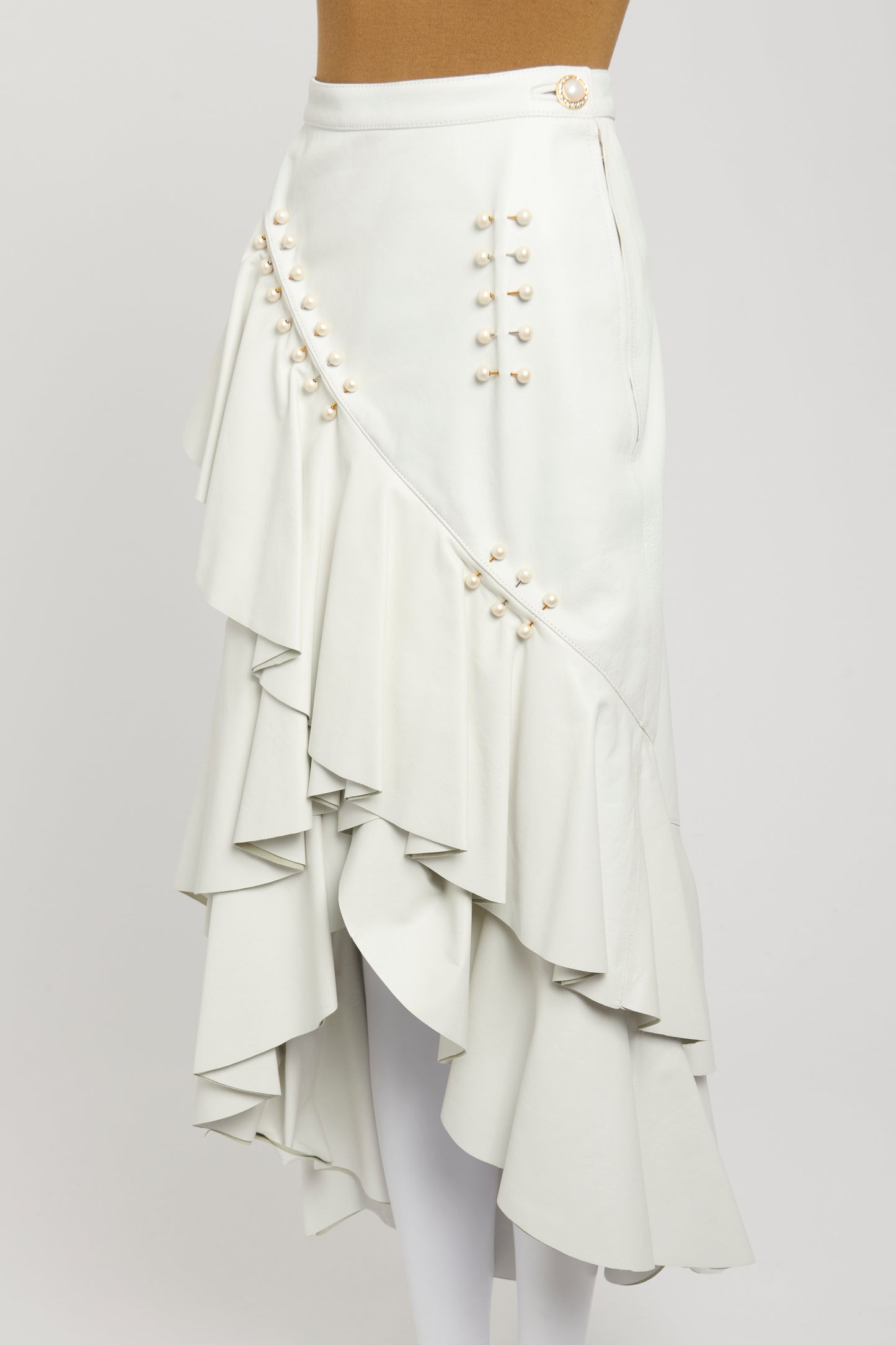 White Leather Preowned Asymmetric Wrap Skirt