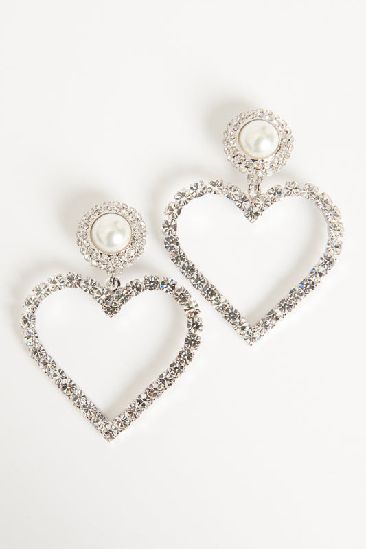 Silver Crystal Embellished Preowned Oversized Heart Earrings