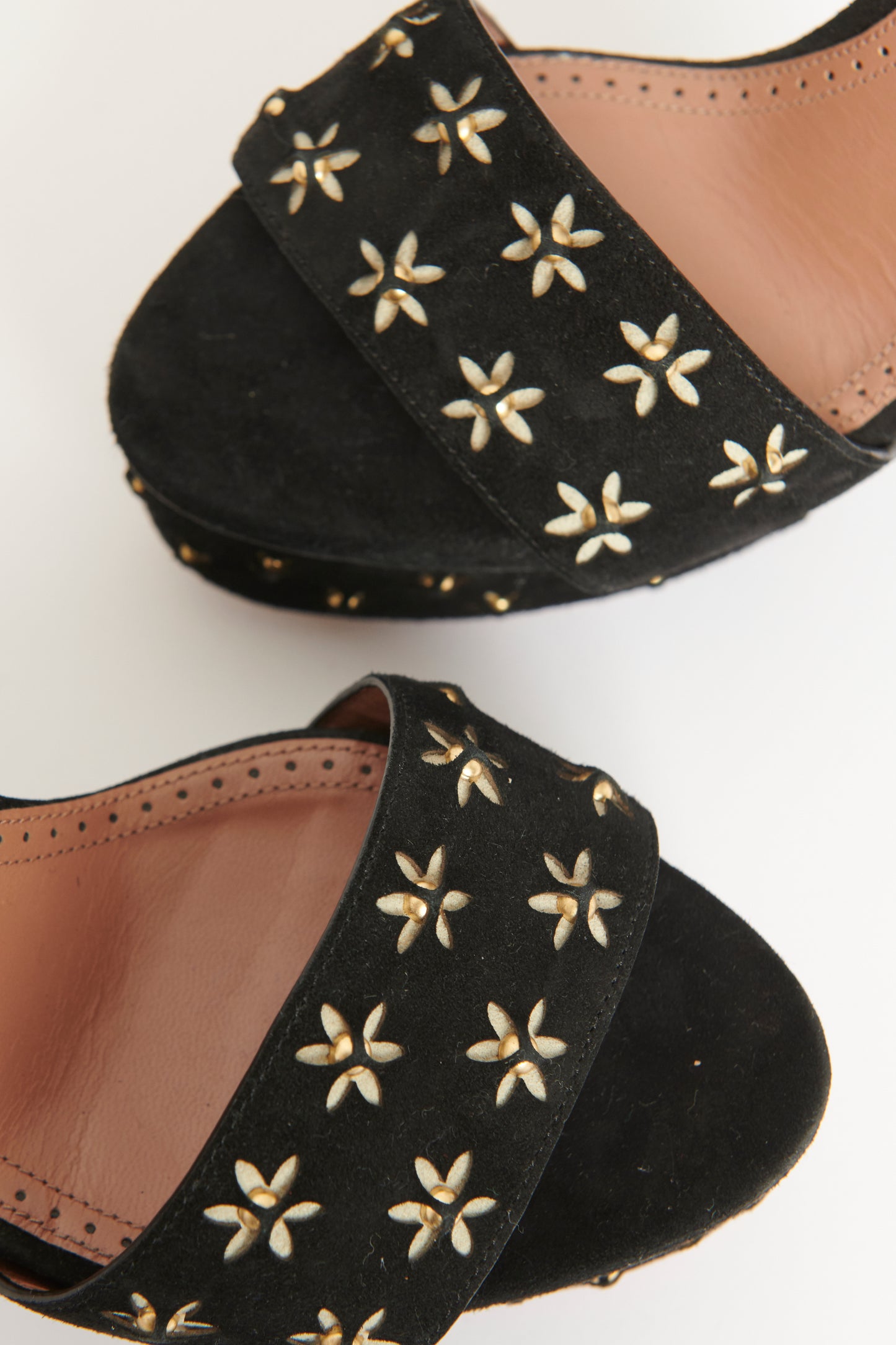 Black Suede Preowned Floral Laser Cut Sandals