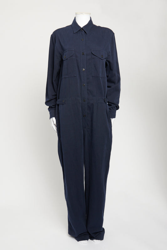 Navy Button Up Cotton Blend Preowned Utility Jumpsuit