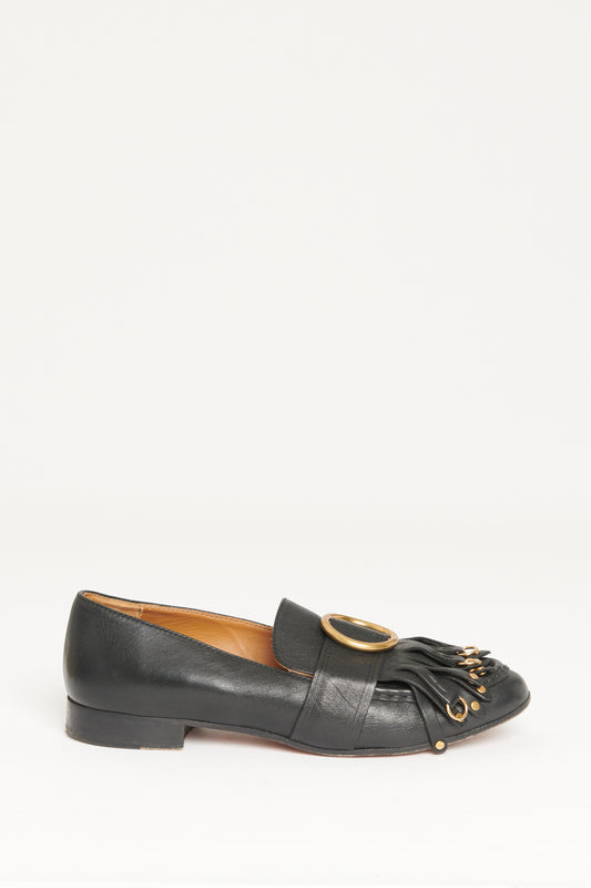 Black Leather Preowned Olly Fringed Loafers