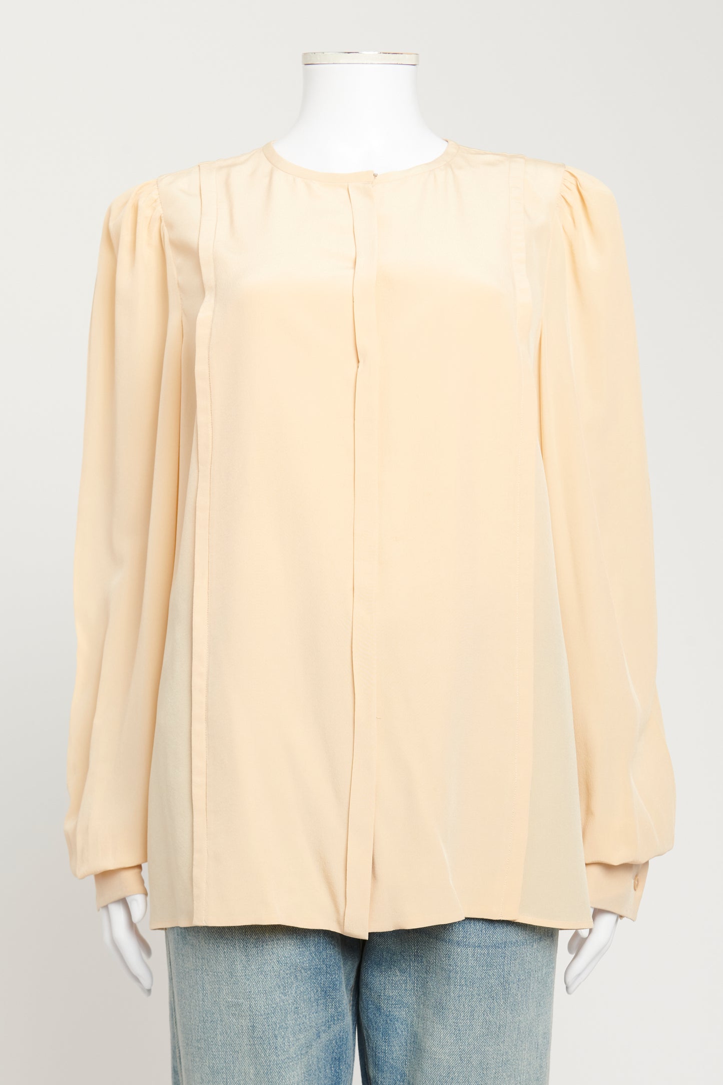 Beige Silk Preowned Collarless Blouse