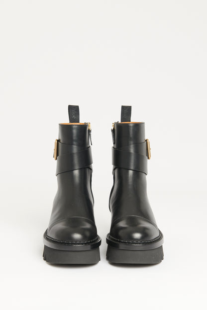 2023 Black Leather Preowned Owena Buckle Ankle Boots