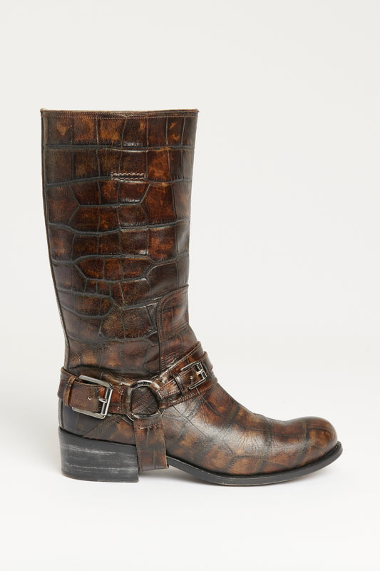 Brown Leather Embossed Preowned Croc Biker Boots