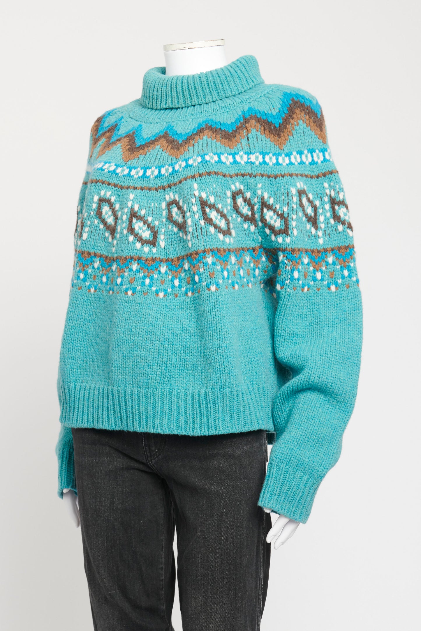 Teal Blue Wool Preowned High Neck Paisley Jumper