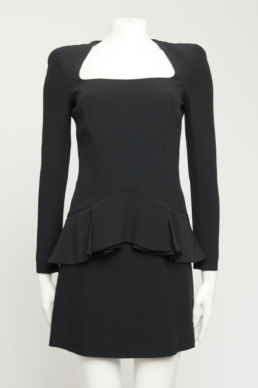 2012 Black Acetate Blend Preowned Long Sleeved Peplum Mini Dress