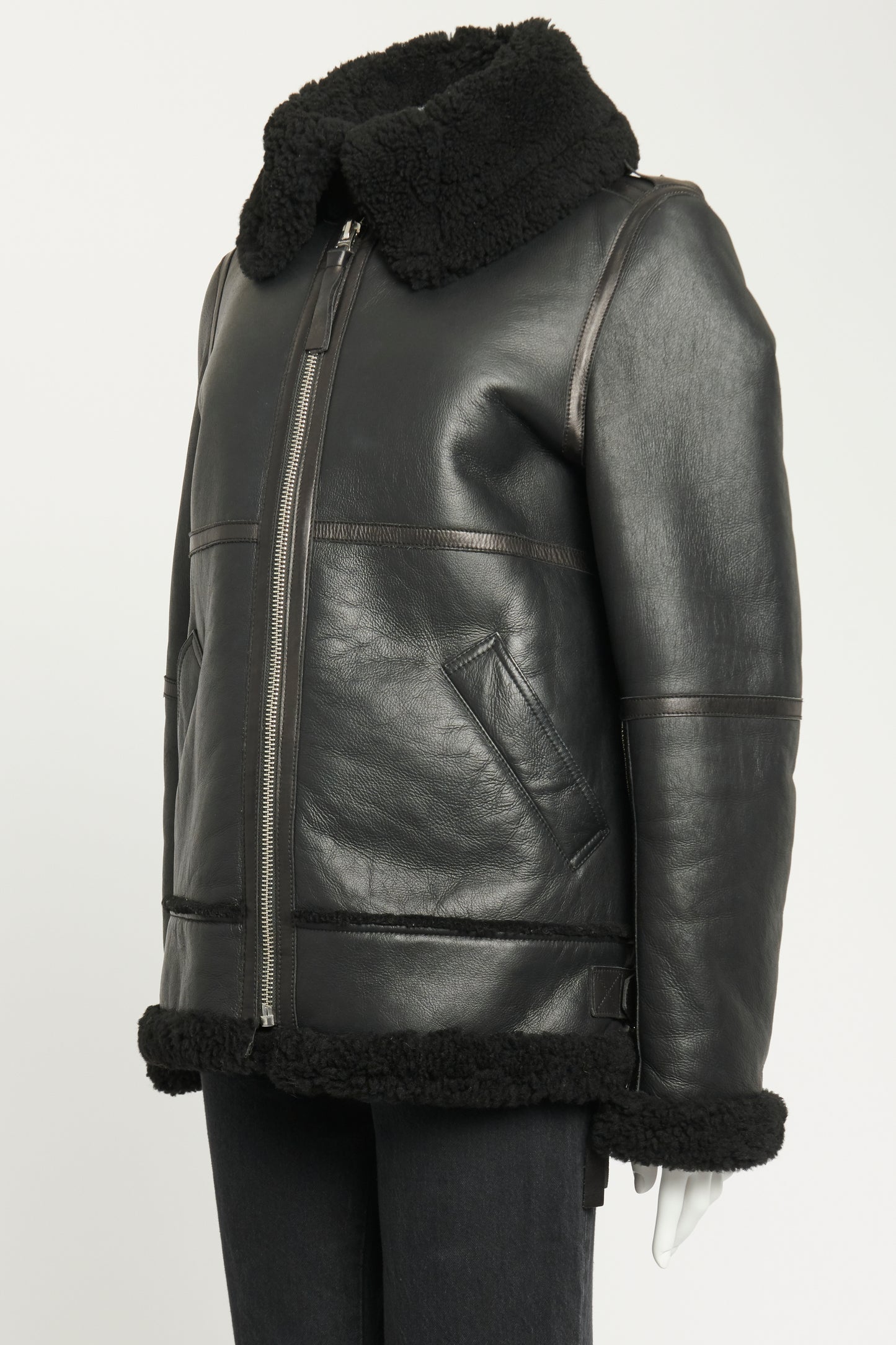 Black Leather Preowned Raf Long Shearling Jacket