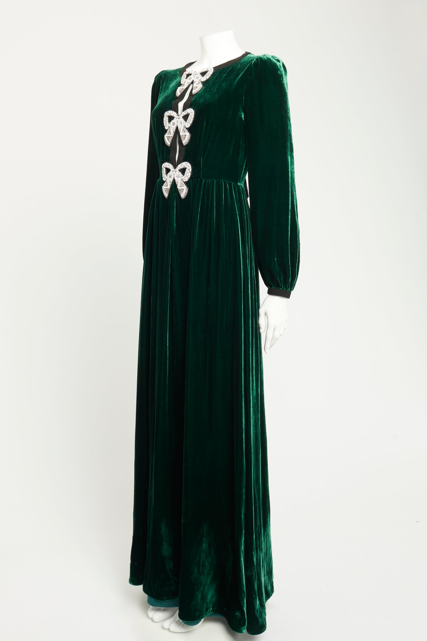 Jewel Green Velvet Preowned Camille Crystal-Bow Maxi Gown