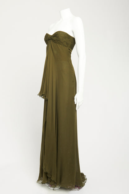 2002 Couture Green Silk Preowned Sweetheart Floral Embellished Gown