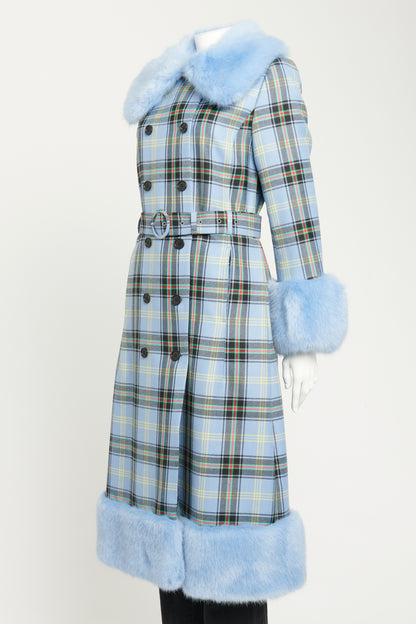 Blue Wool Preowned Check River Faux Fur Coat