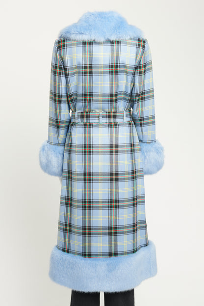 Blue Wool Preowned Check River Faux Fur Coat