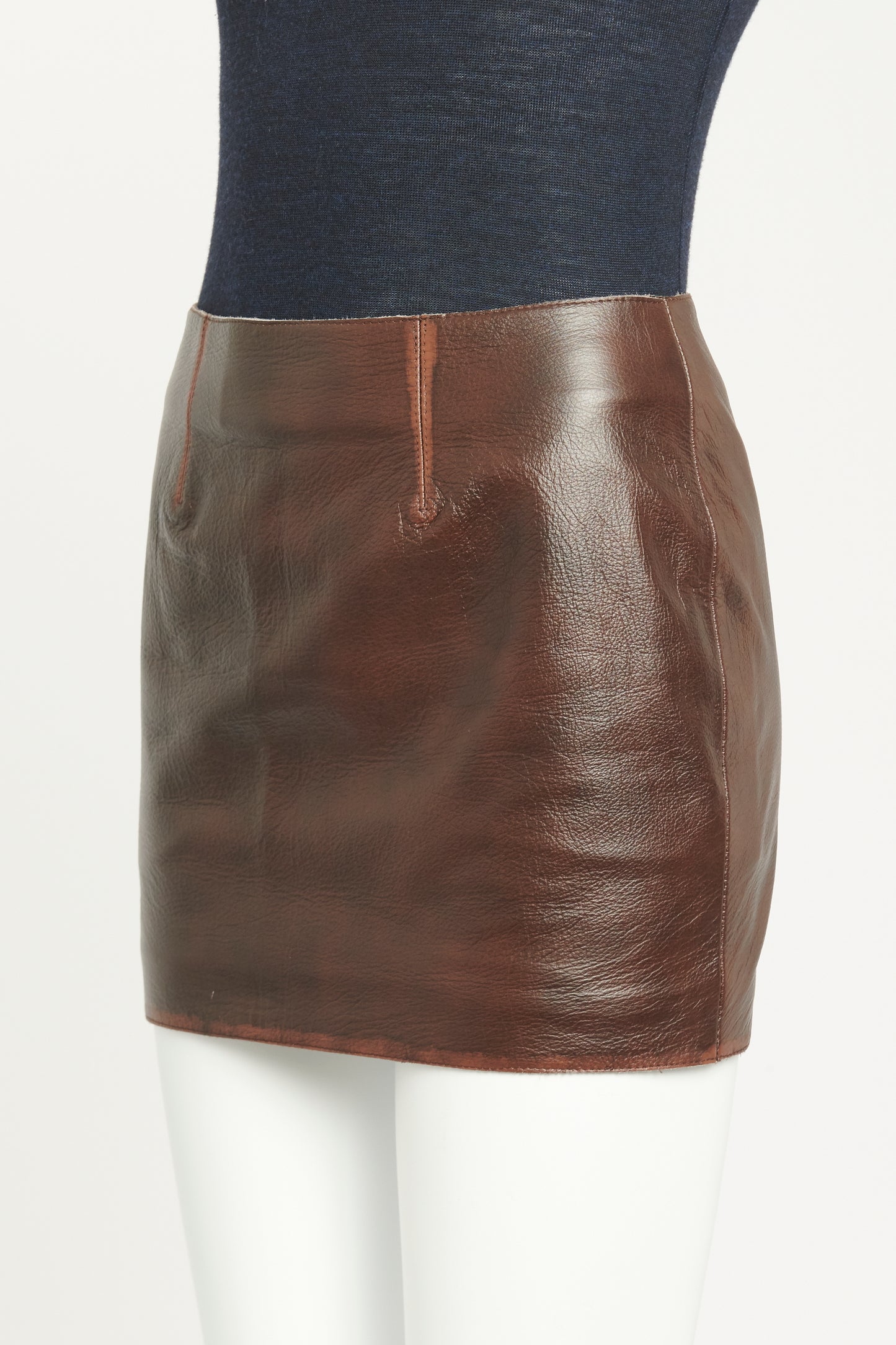 Cognac Brown Leather Preowned Halie Mini Skirt