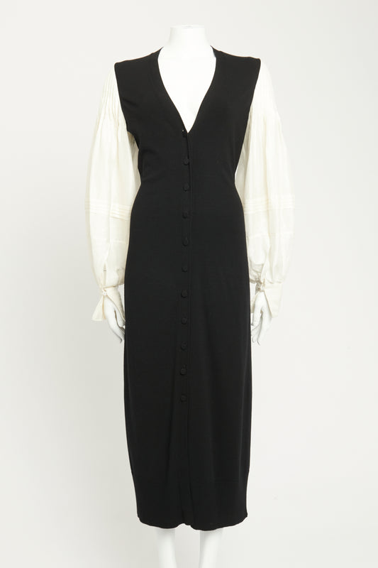 Black & White Linen Preowned Harmonia Pintucked Midi Dress