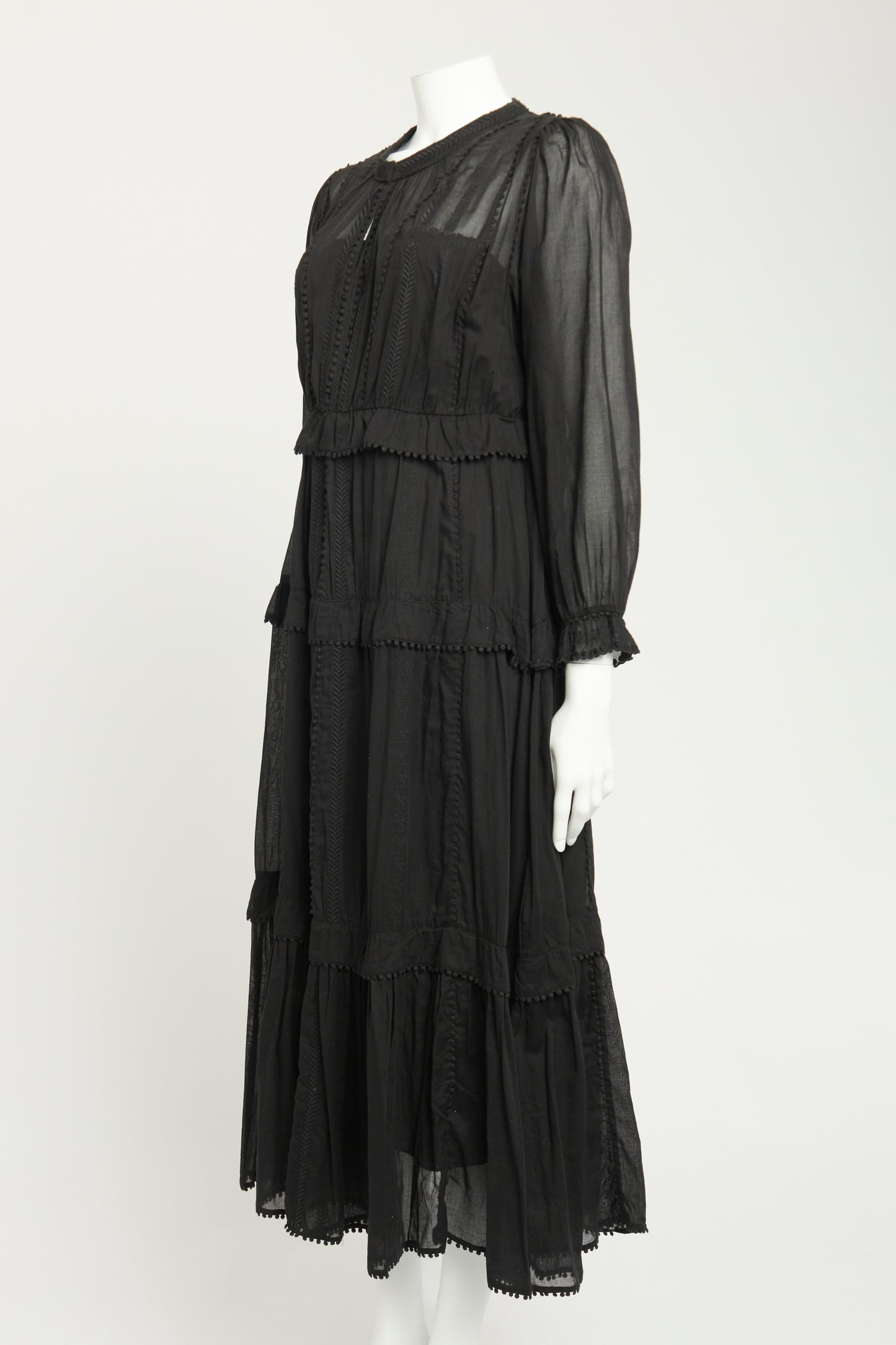 Black Cotton Preowned Tiered Embroidered Maxi Dress