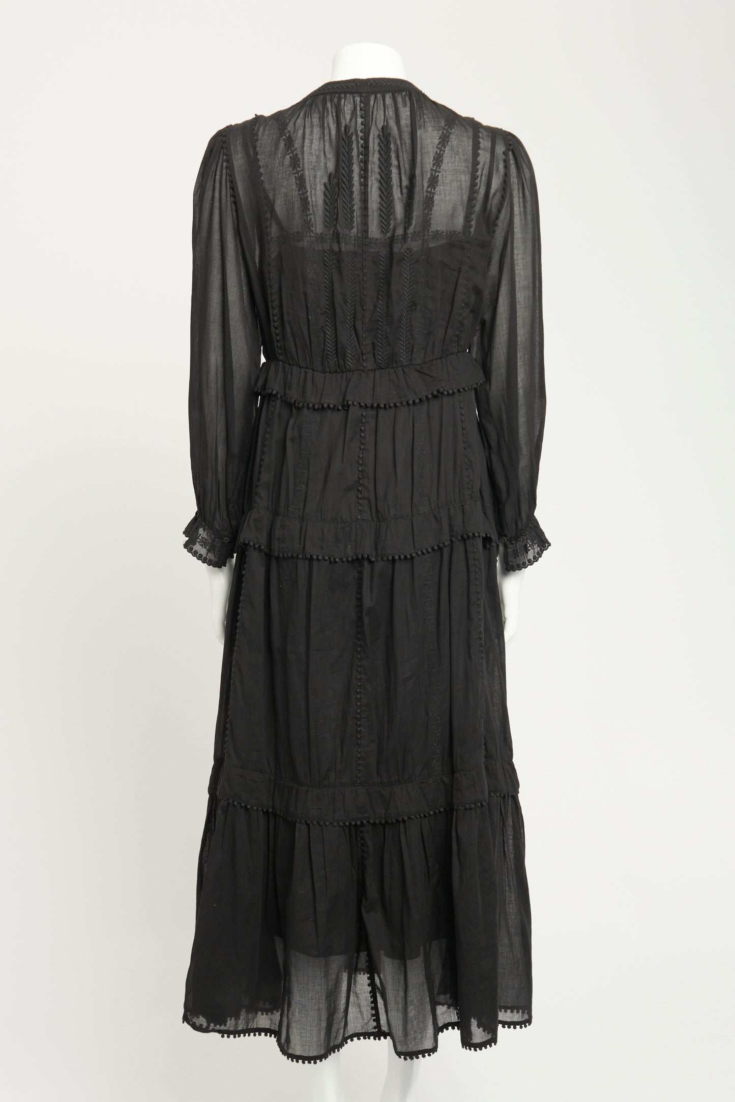 Black Cotton Preowned Tiered Embroidered Maxi Dress