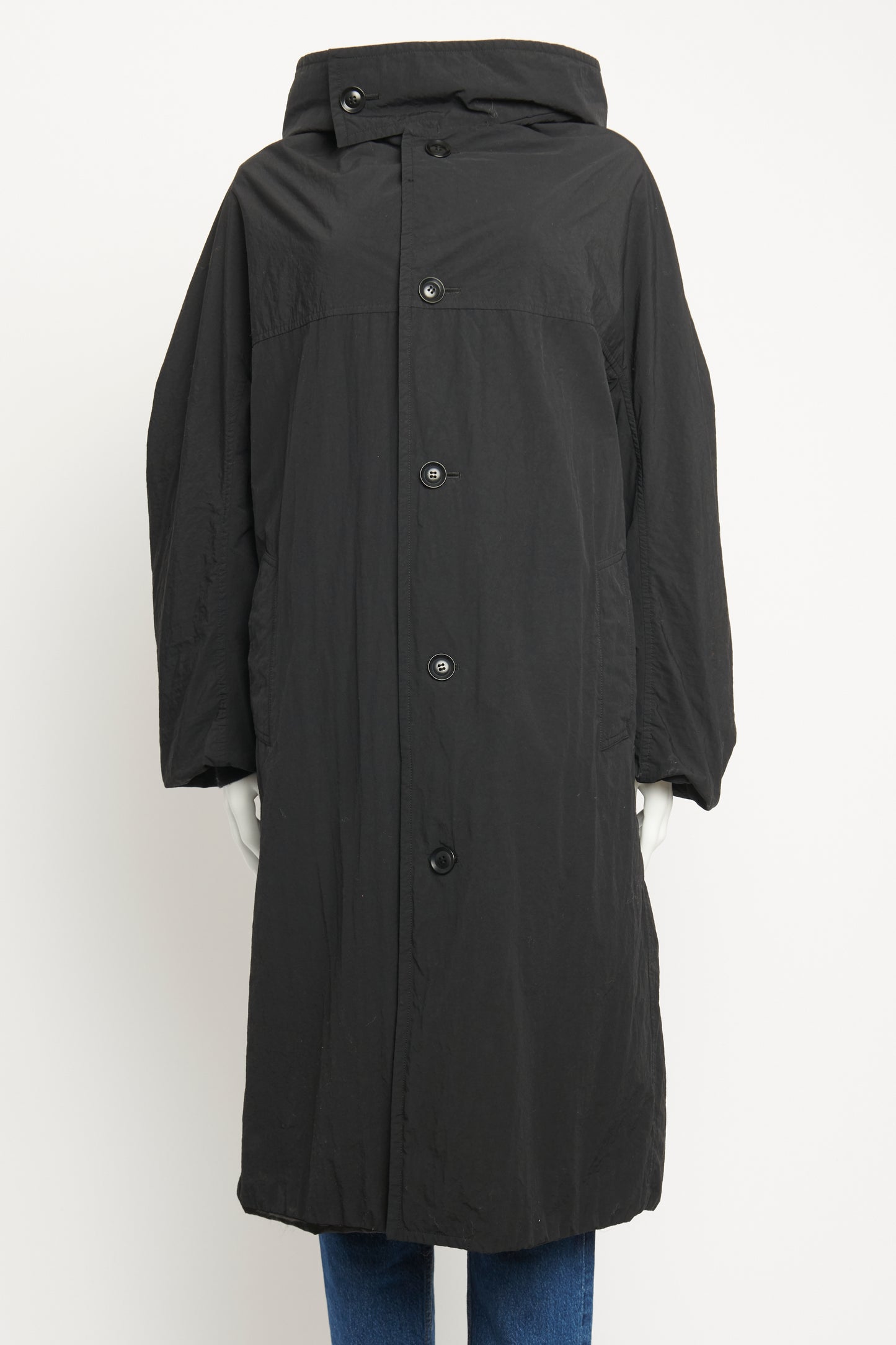 Black Nylon Padded Hooded Preowned Raincoat