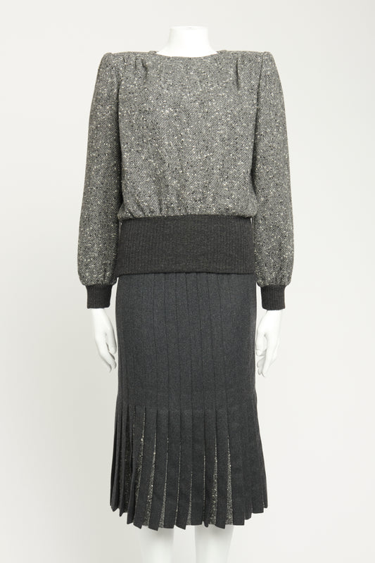 1980's Grey Wool Blend Preowned Pleated Skirt & Top Set