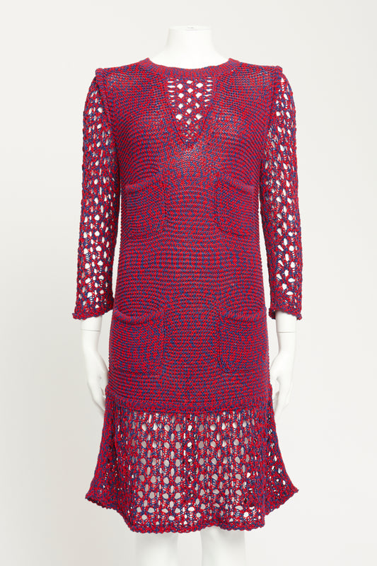 2014 Blue & Red Cotton Preowned Crochet Knee Length Dress
