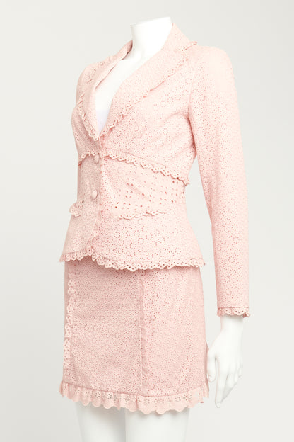 2012 Pink Cotton Preowned Broderie Anglaise Ruffled Skirt Suit
