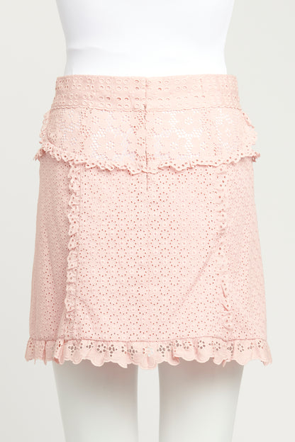 2012 Pink Cotton Preowned Broderie Anglaise Ruffled Skirt Suit