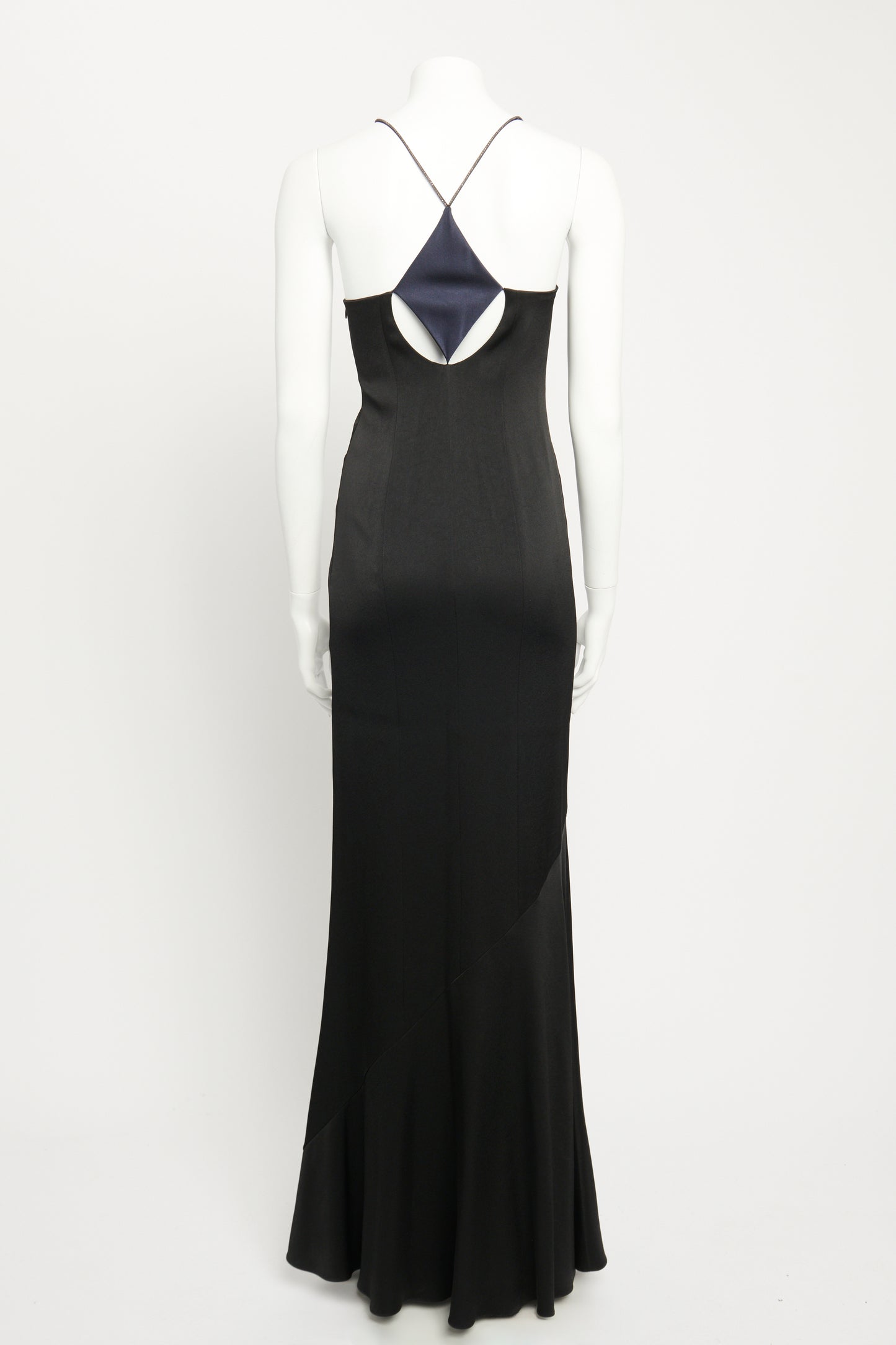 Black Satin Preowned Diamond Cut Out Maxi Dress