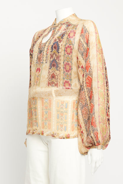 Beige Silk Preowned Printed Blouse