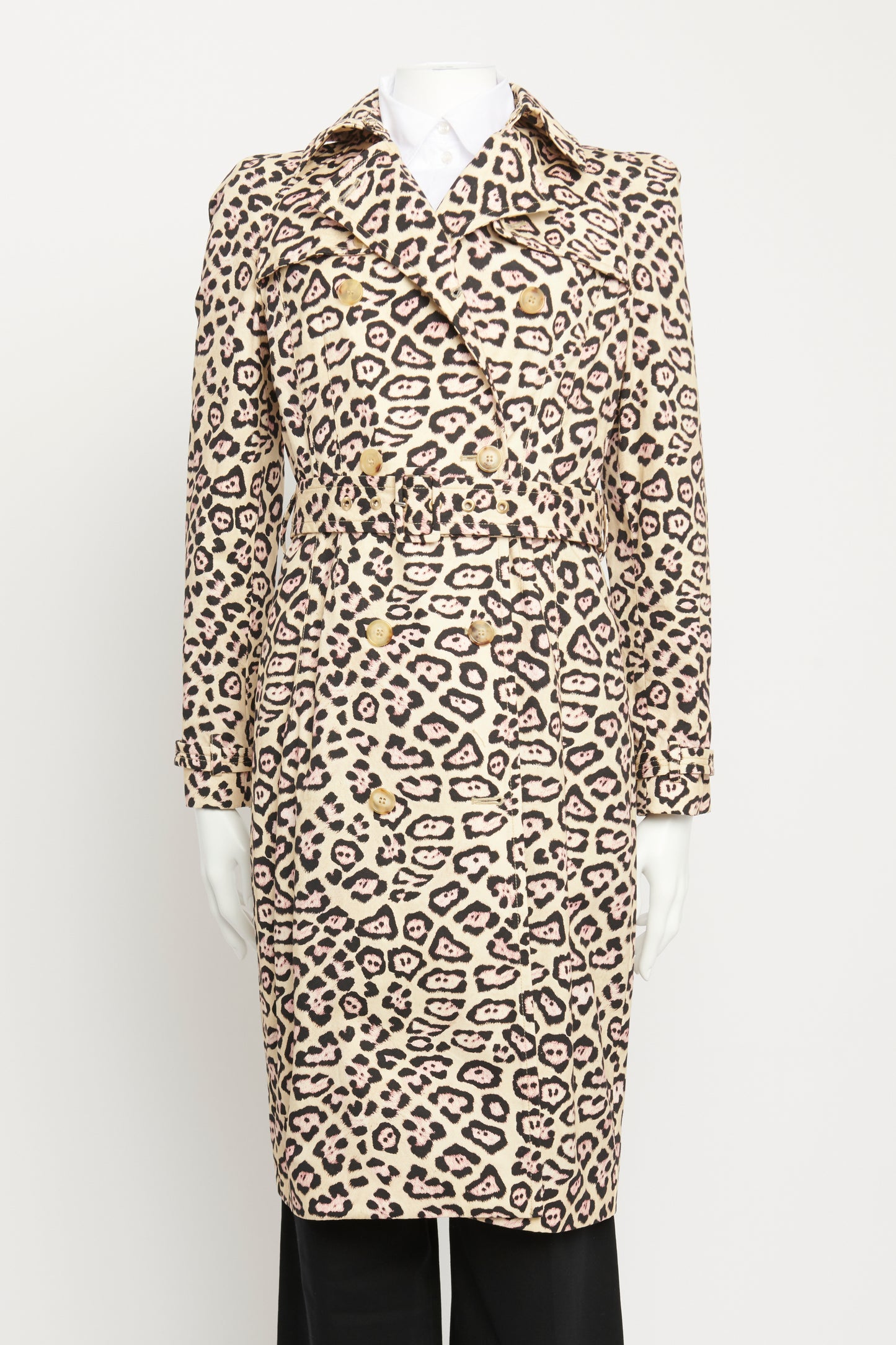2016 Beige & Pink Cotton Preowned Jaguar Print Trench Coat