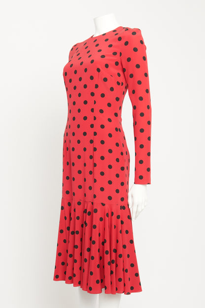 2014 Red Silk Preowned Fishtail Polka Dot Midi Dress