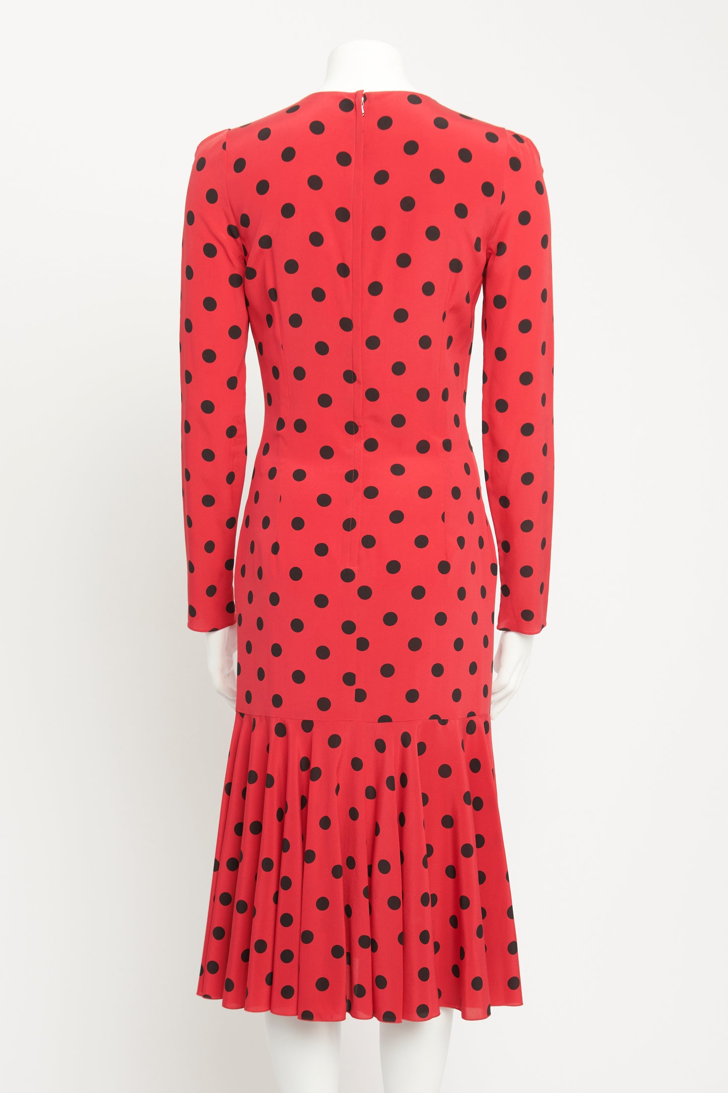 2014 Red Silk Preowned Fishtail Polka Dot Midi Dress