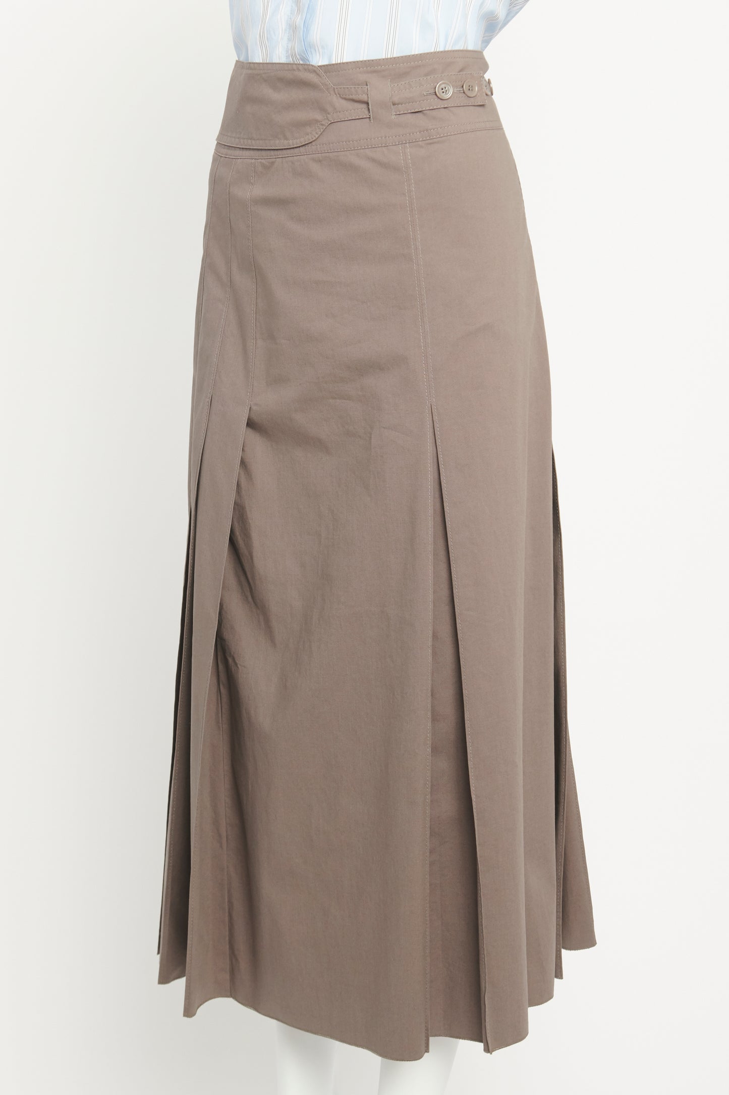 Grey Cotton Blend Preowned Pleated Midi Skirt