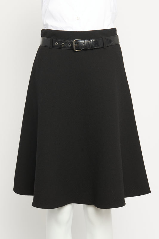 2013 Black Wool Crepe Preowned Belted Knee Length Skirt