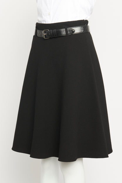 2013 Black Wool Crepe Preowned Belted Knee Length Skirt