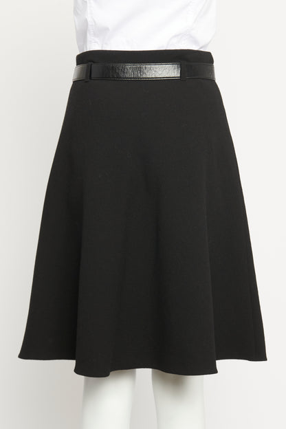 2013 Black Wool Crepe Preowned Belted Knee Length Skirt