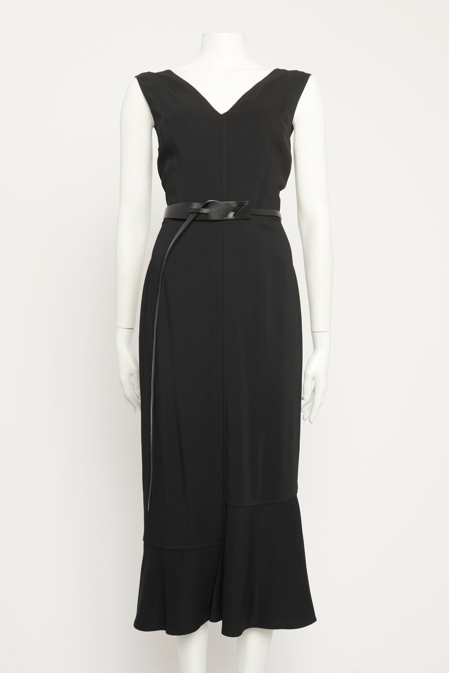 Black Viscose Preowned V-Neck Belted Midi Dress