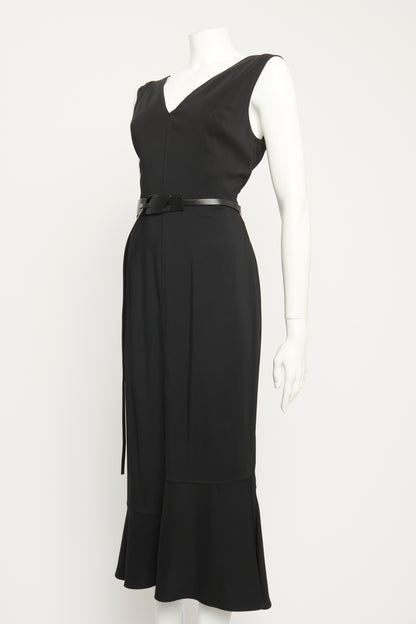 Black Viscose Preowned V-Neck Belted Midi Dress