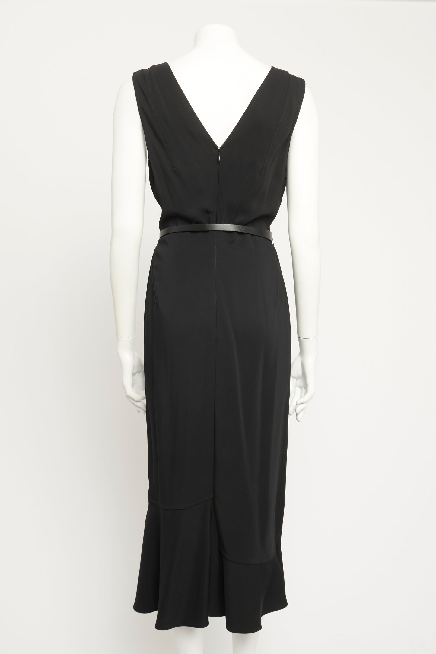 Black Viscose Preowned V-Neck Belted Midi Dress