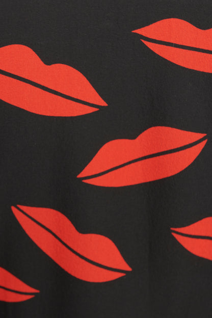 2014 Black Silk Preowned Lip Print Wrap Dress