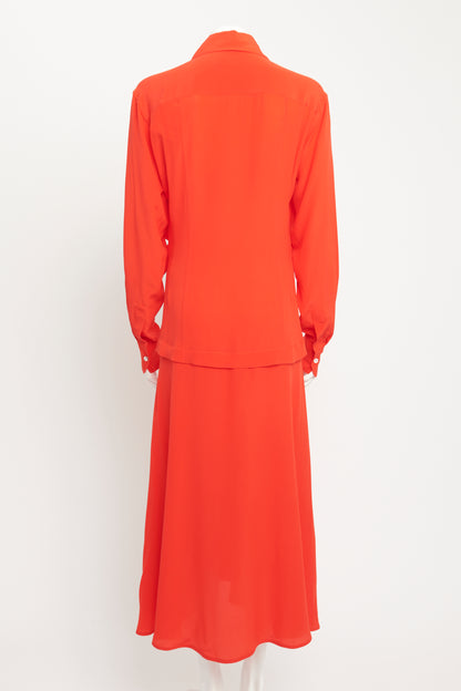 2020 Red Silk Preowned Tie Waist Midi Dress