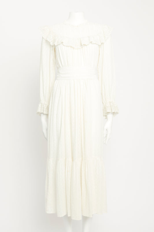 White Cotton Preowned High Neck Lace Trimmed Midi Dress
