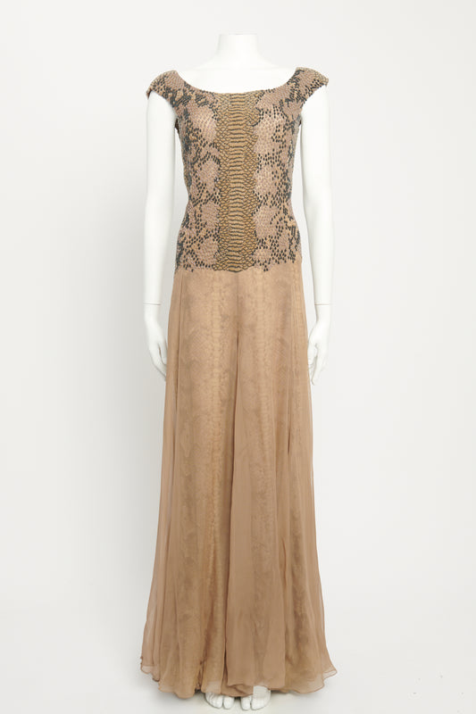 Khaki Silk Preowned Snake Print Embellished Gown
