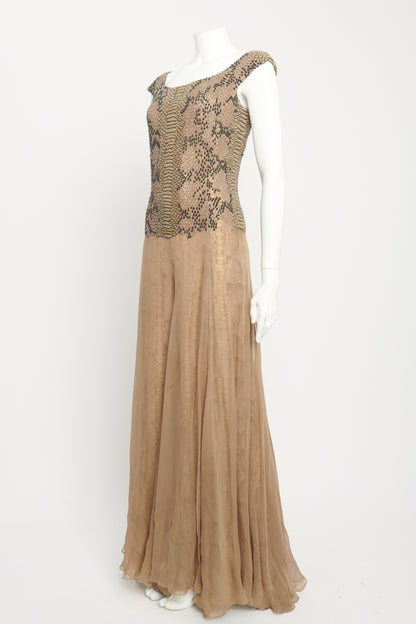 Khaki Silk Preowned Snake Print Embellished Gown