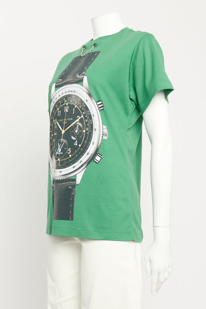 Green Cotton Preowned Watch Motif T-Shirt