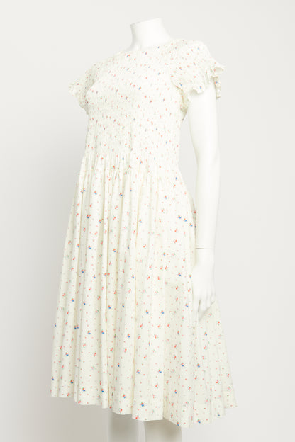 2020 White Cotton Preowned Tilly Shirred Midi Dress