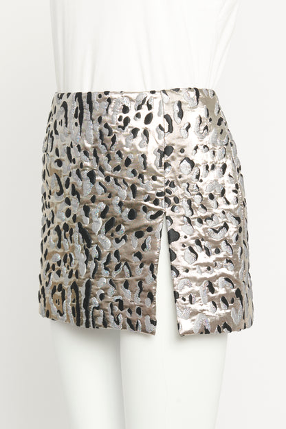 Platinum Silver Jacquard Preowned Leopard Mini Skirt