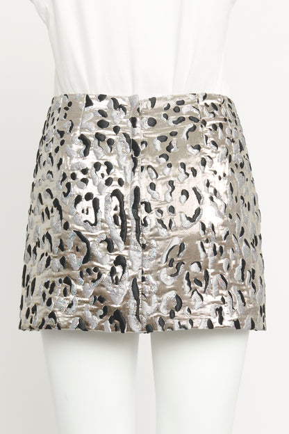 Platinum Silver Jacquard Preowned Leopard Mini Skirt